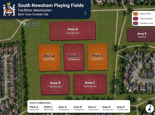 Aerial map of South Newsham Playing Fields showing Pitch 4 and Pitch 5 (match pitches), Areas A, B, C and D (training areas) and Area E (overflow)